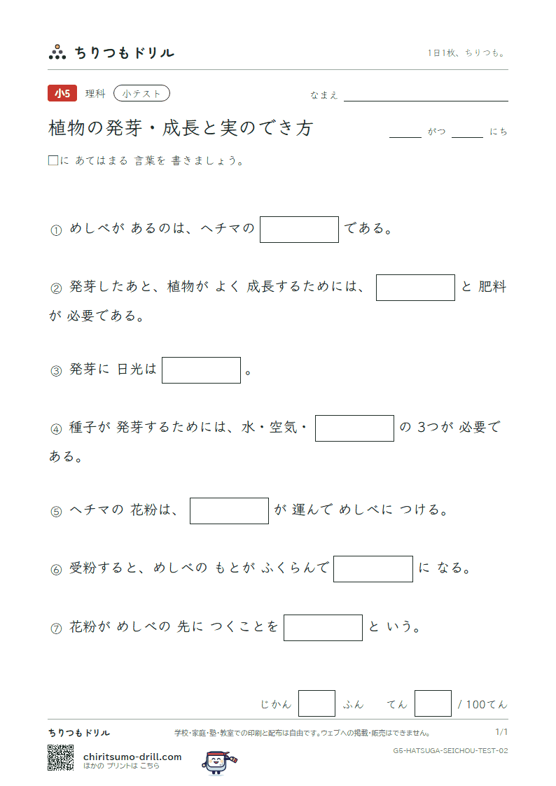 植物の発芽・成長と実のでき方 小テスト その2の見本