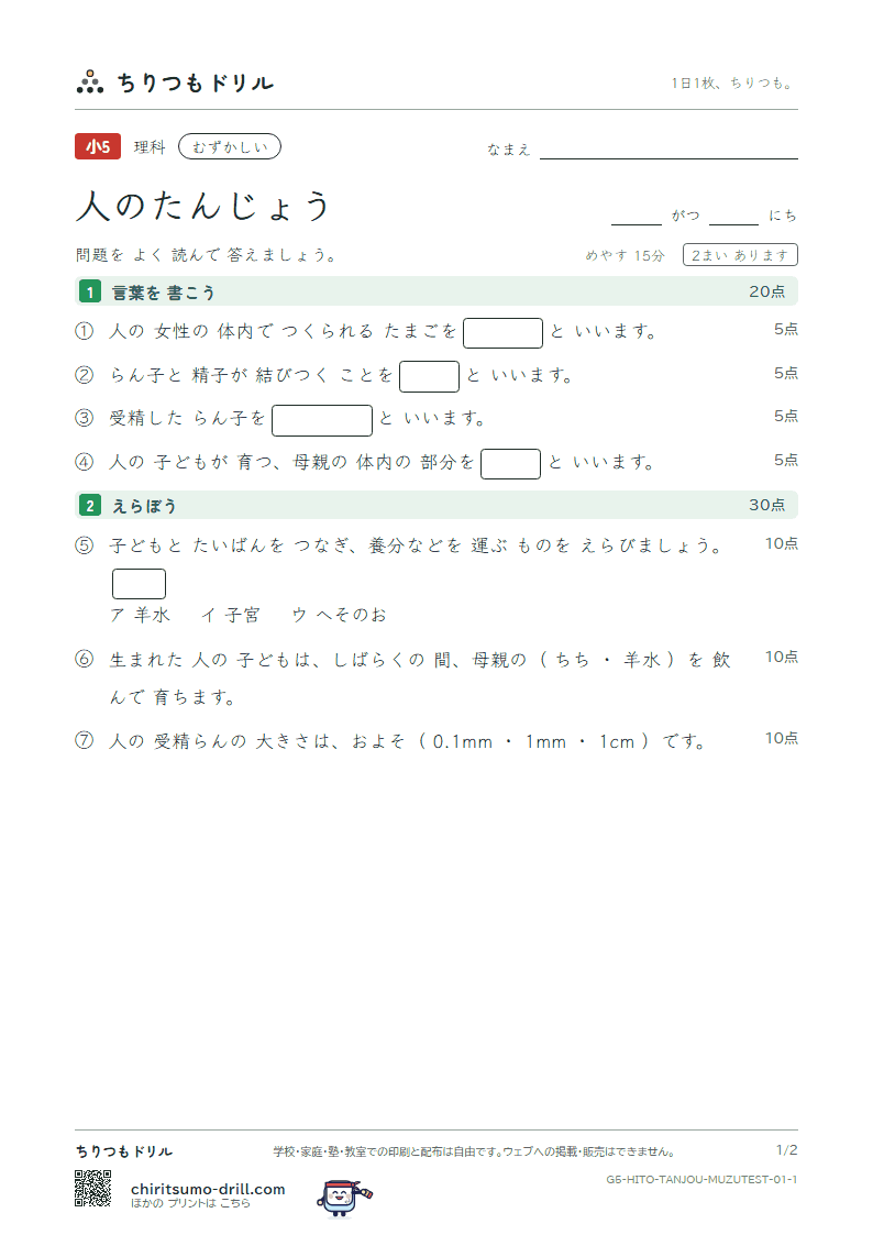 人のたんじょう むずかしい テスト その1の見本