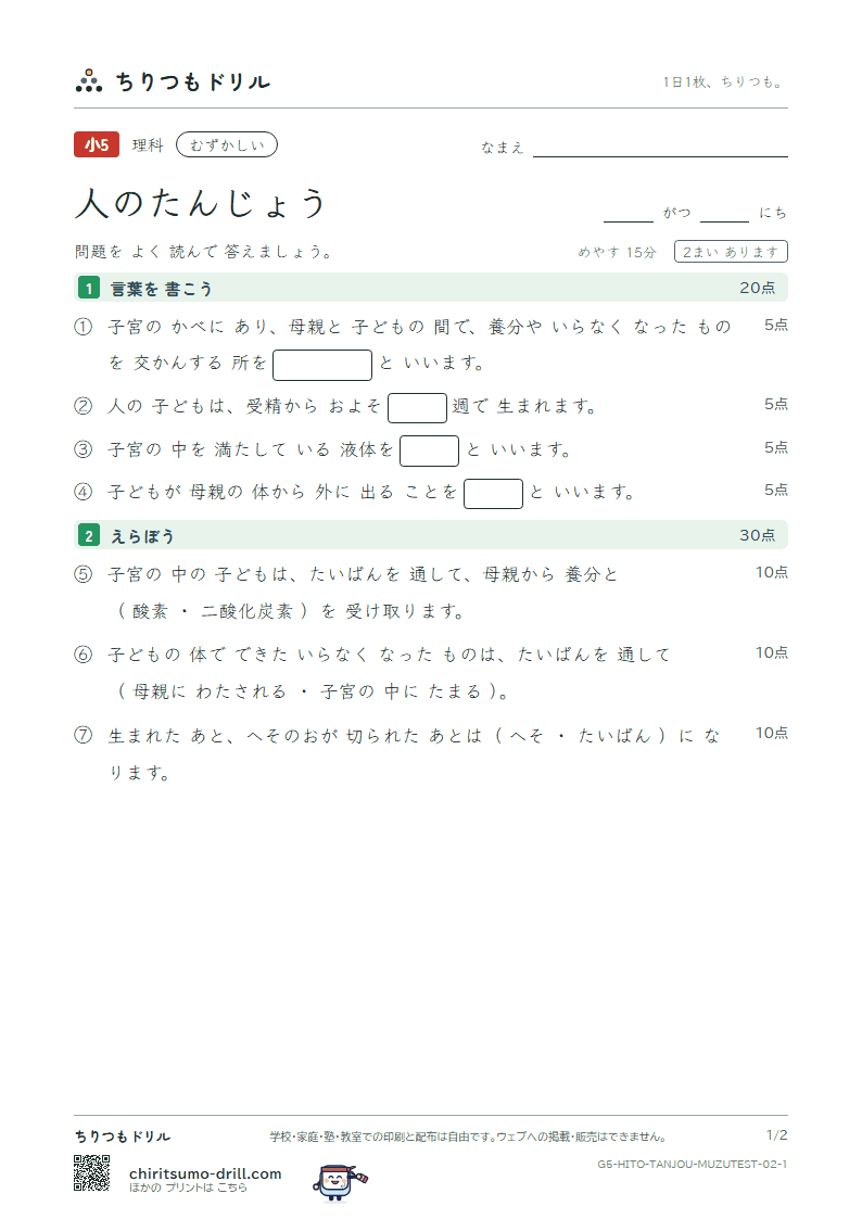 人のたんじょう むずかしい テスト その2の見本