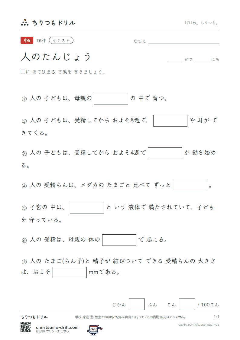 人のたんじょう 小テスト その3の見本