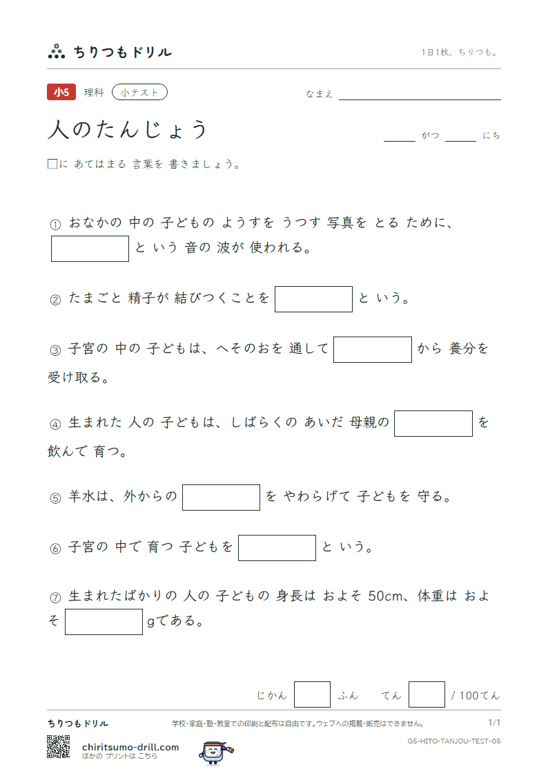 人のたんじょう 小テスト その5の見本