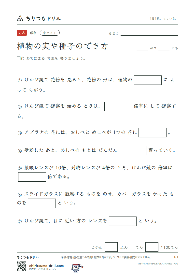 植物の実や種子のでき方 小テスト その2の見本
