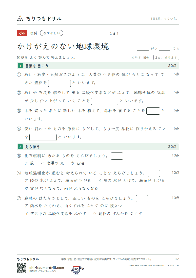 かけがえのない地球環境 むずかしい テスト その1の見本