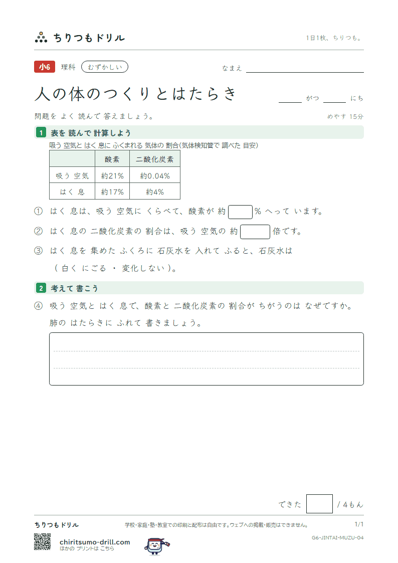 人の体のつくりとはたらき むずかしい その4の見本