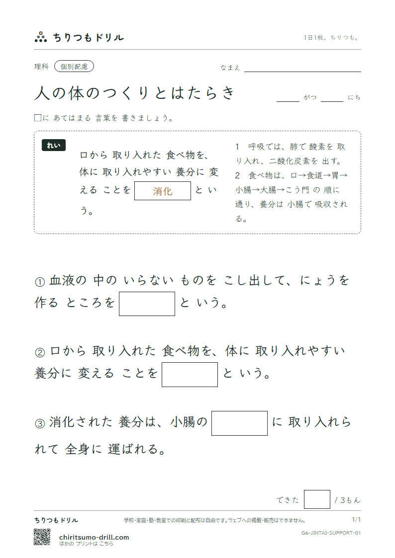 人の体のつくりとはたらき 大きな枠つき その1の見本