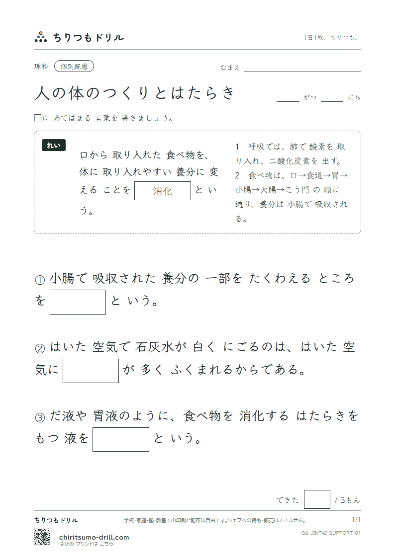 人の体のつくりとはたらき 大きな枠つき その1の見本