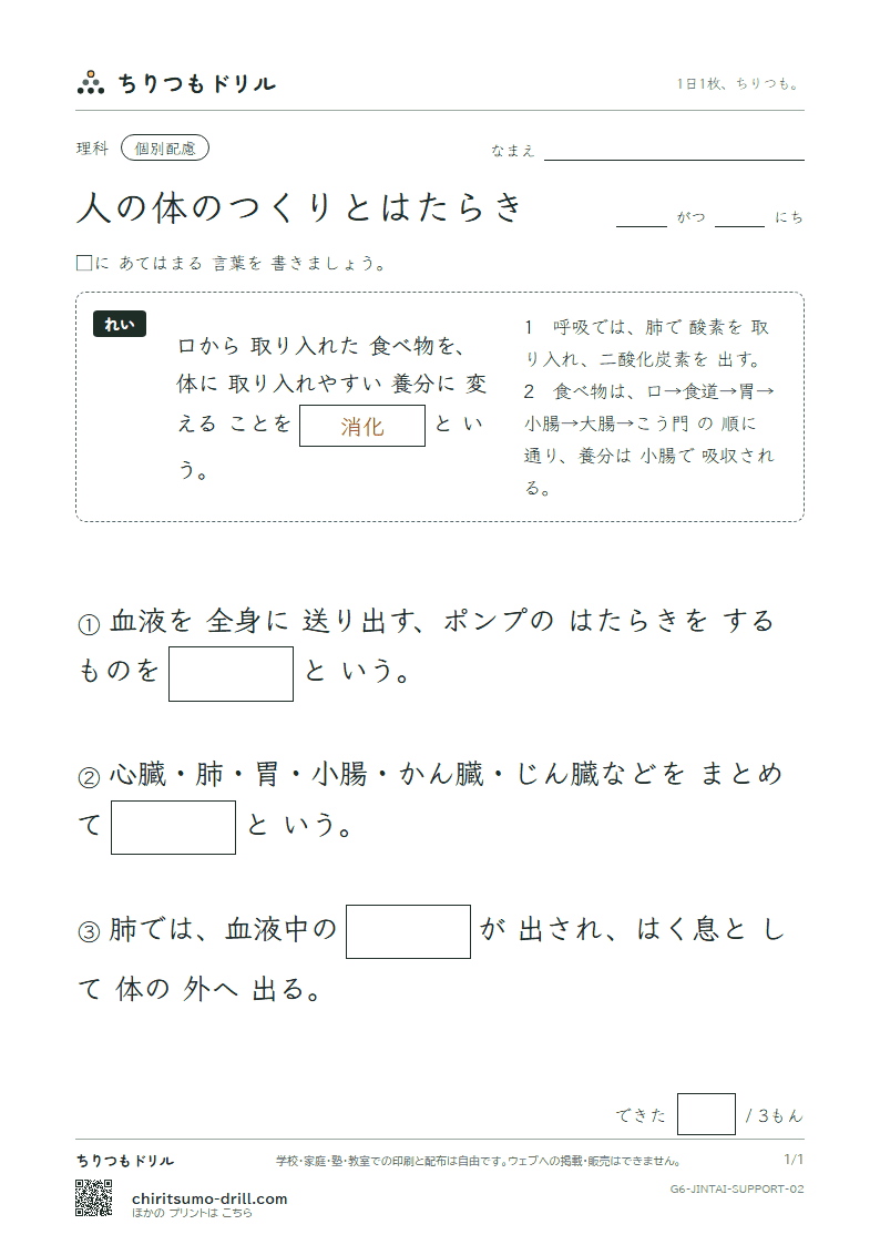 人の体のつくりとはたらき 大きな枠つき その2の見本