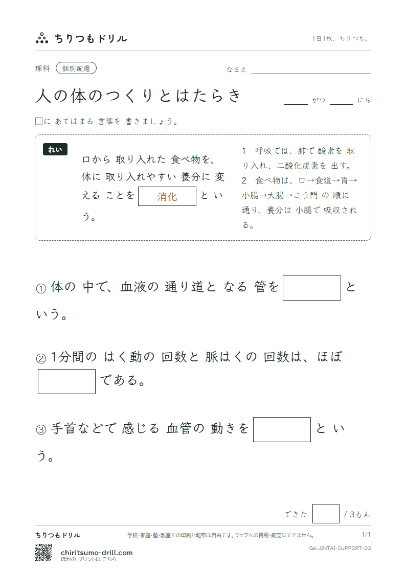 人の体のつくりとはたらき 大きな枠つき その3の見本