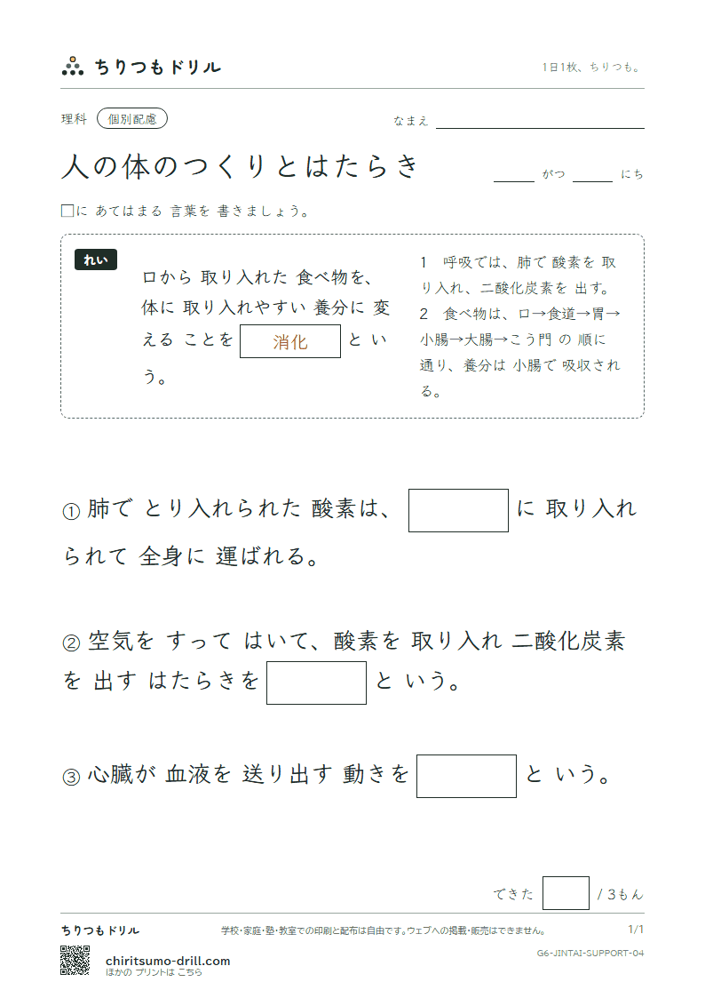 人の体のつくりとはたらき 大きな枠つき その4の見本