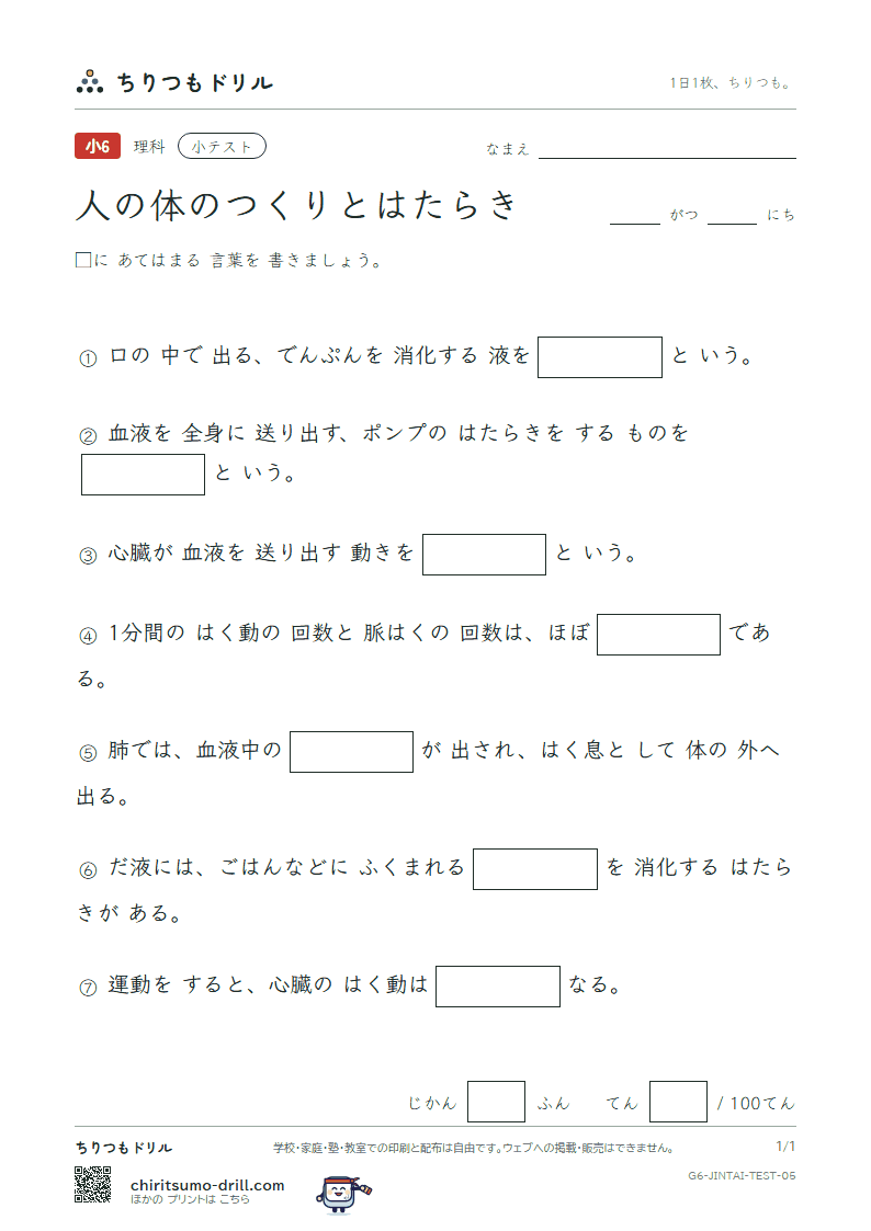 人の体のつくりとはたらき 小テスト その5の見本