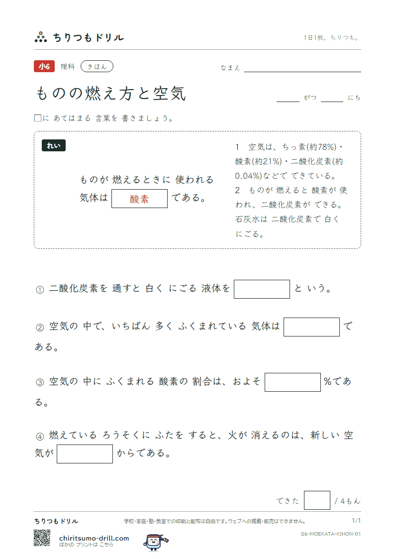ものの燃え方と空気 きほん その1の見本