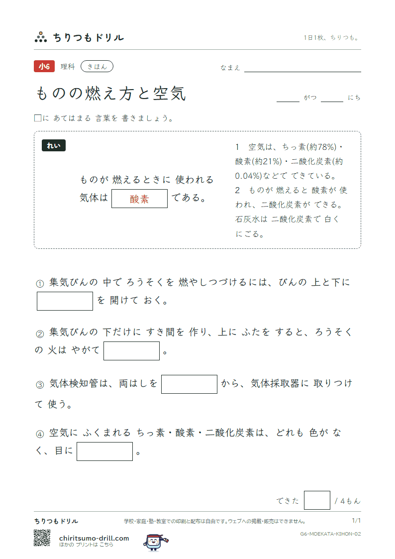 ものの燃え方と空気 きほん その2の見本
