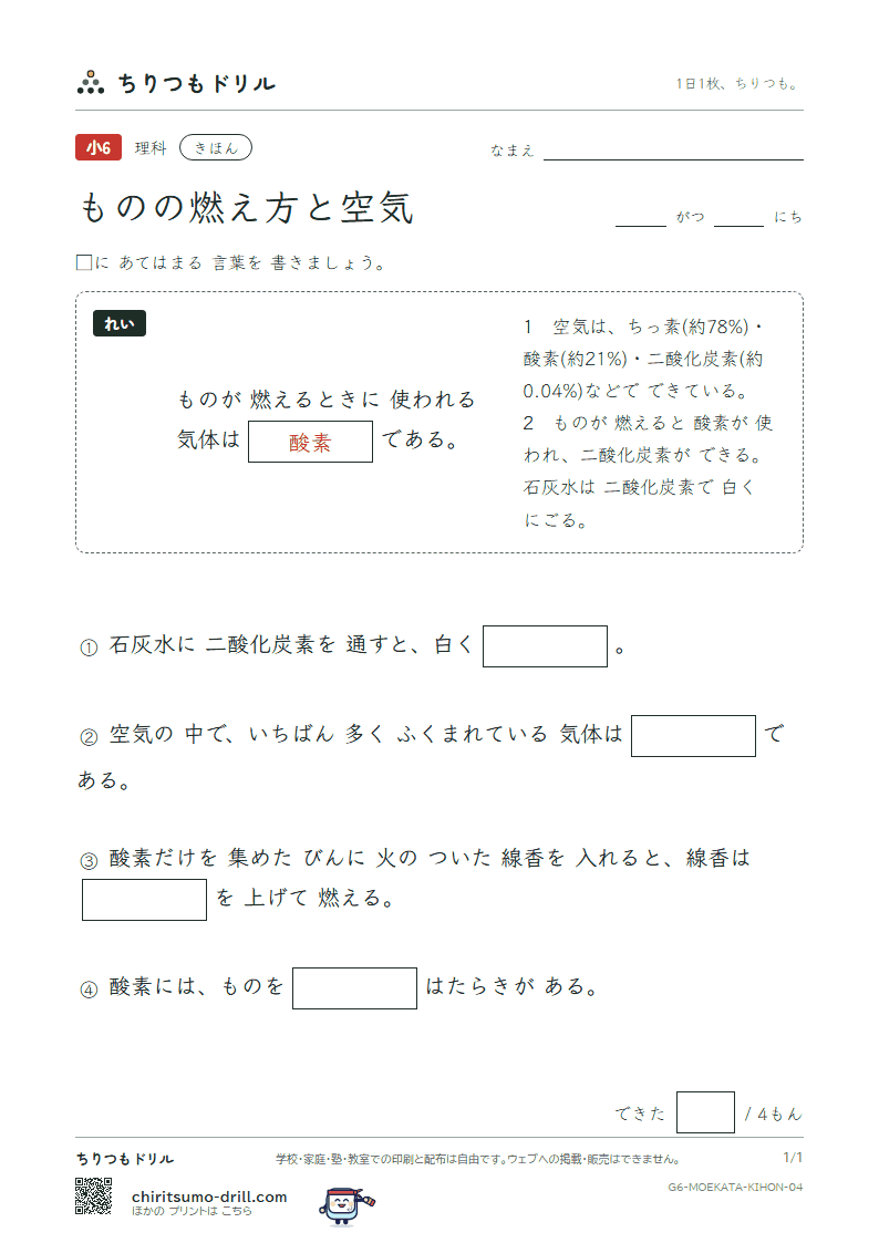 ものの燃え方と空気 きほん その4の見本