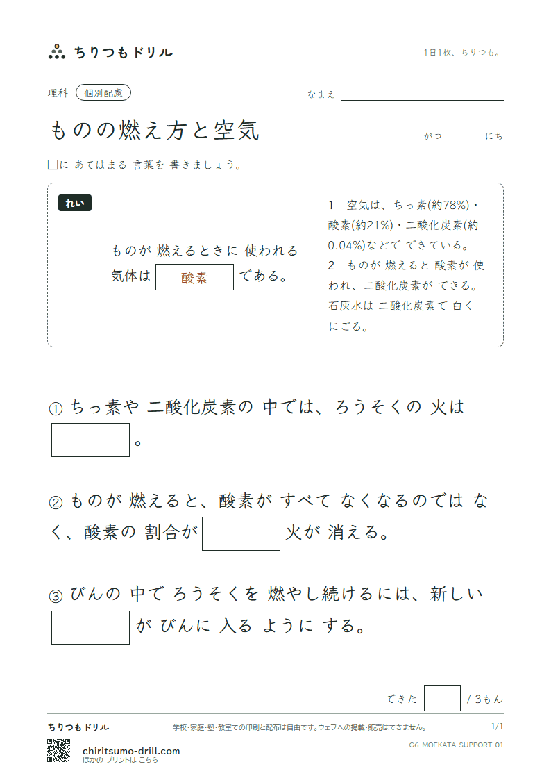 ものの燃え方と空気 大きな枠つき その1の見本