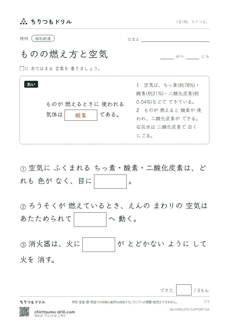 ものの燃え方と空気 大きな枠つき その3の見本