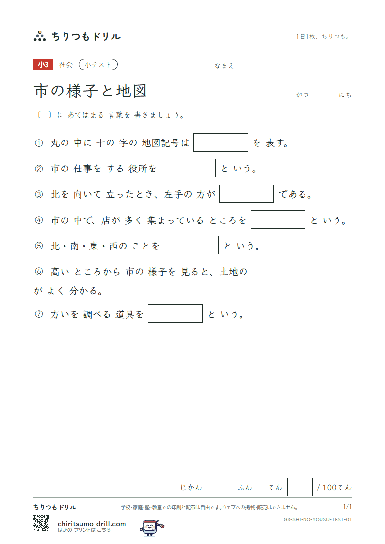 市の様子と地図 小テスト その1の見本