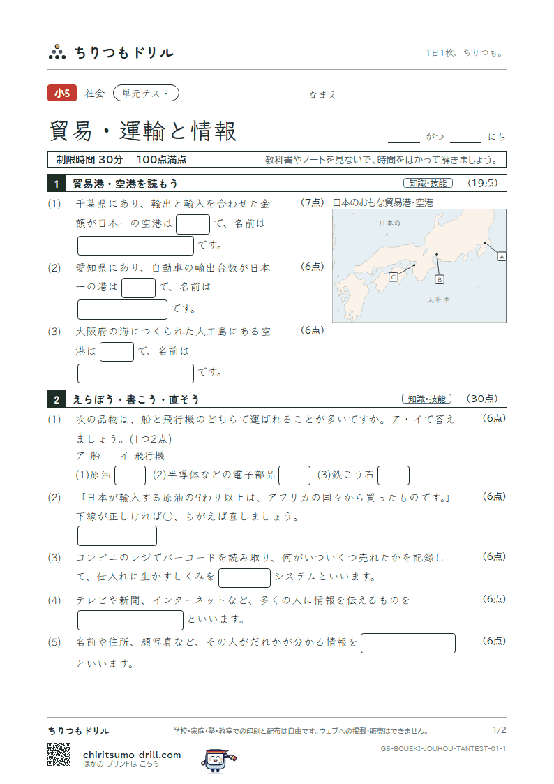 貿易・運輸と情報 単元テスト その1の見本