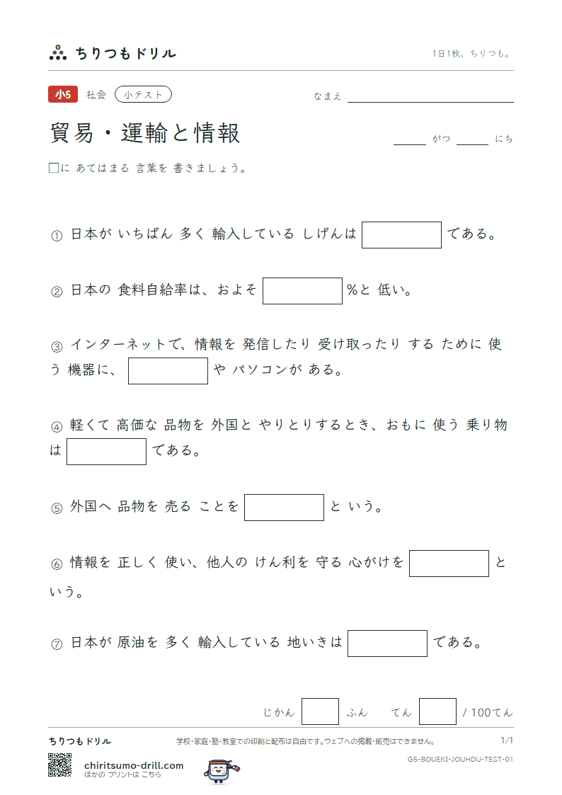 貿易・運輸と情報 小テスト その1の見本