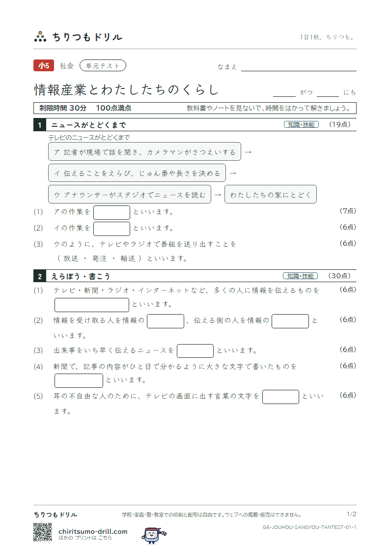 情報産業とわたしたちのくらし 単元テスト その1の見本