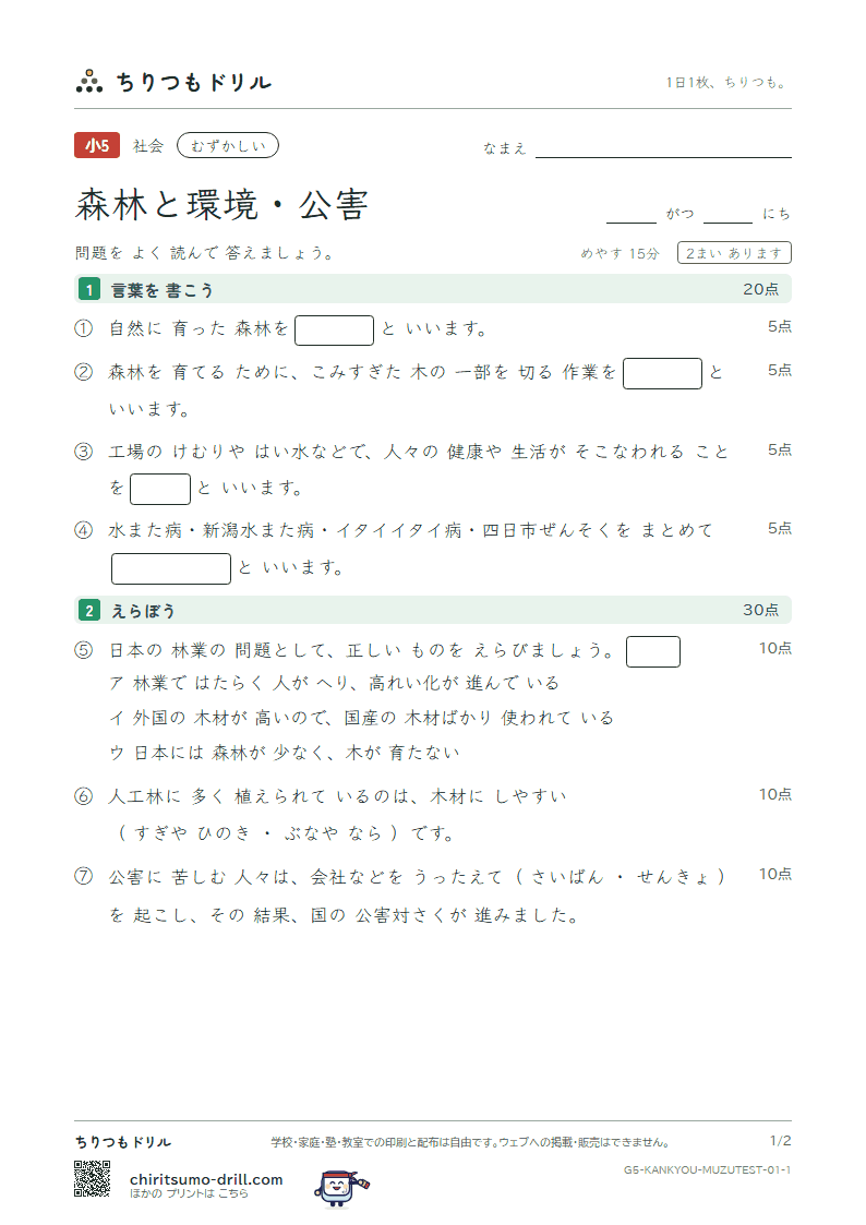 森林と環境・公害 むずかしい テスト その1の見本