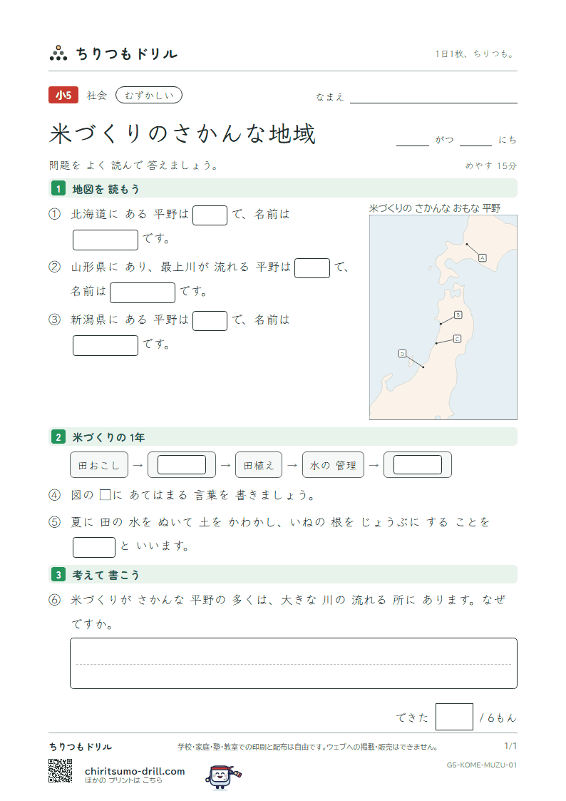 米づくりのさかんな地域 むずかしい その1の見本