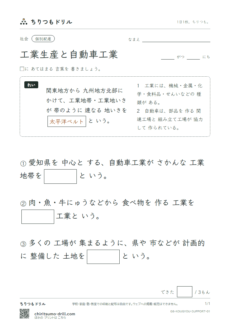 工業生産と自動車工業 大きな枠つき その1の見本