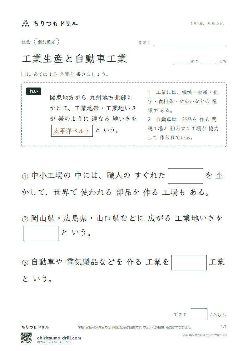 工業生産と自動車工業 大きな枠つき その3の見本