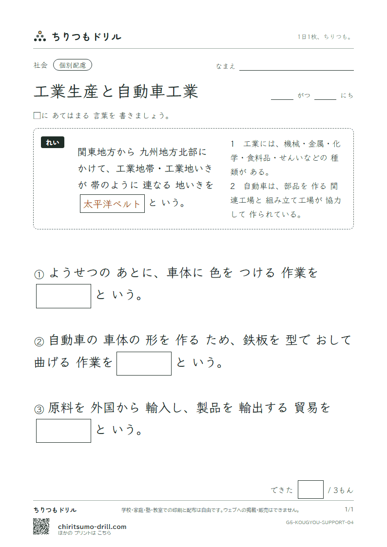 工業生産と自動車工業 大きな枠つき その4の見本
