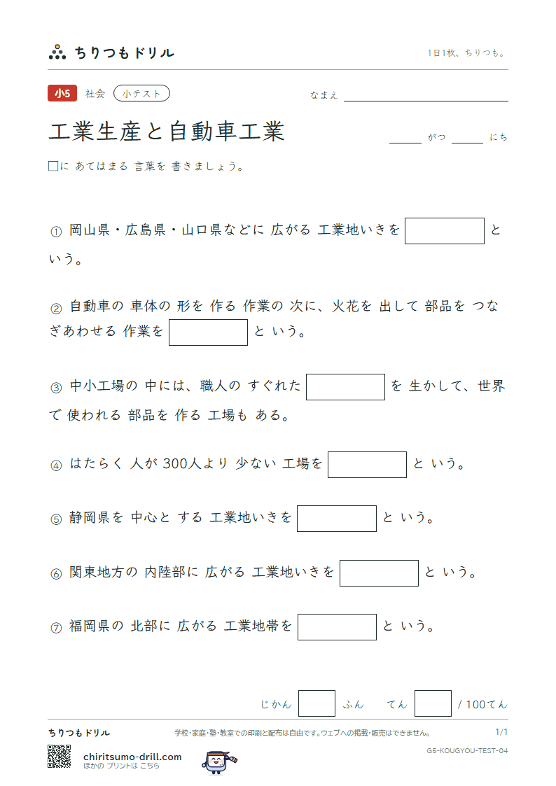工業生産と自動車工業 小テスト その4の見本
