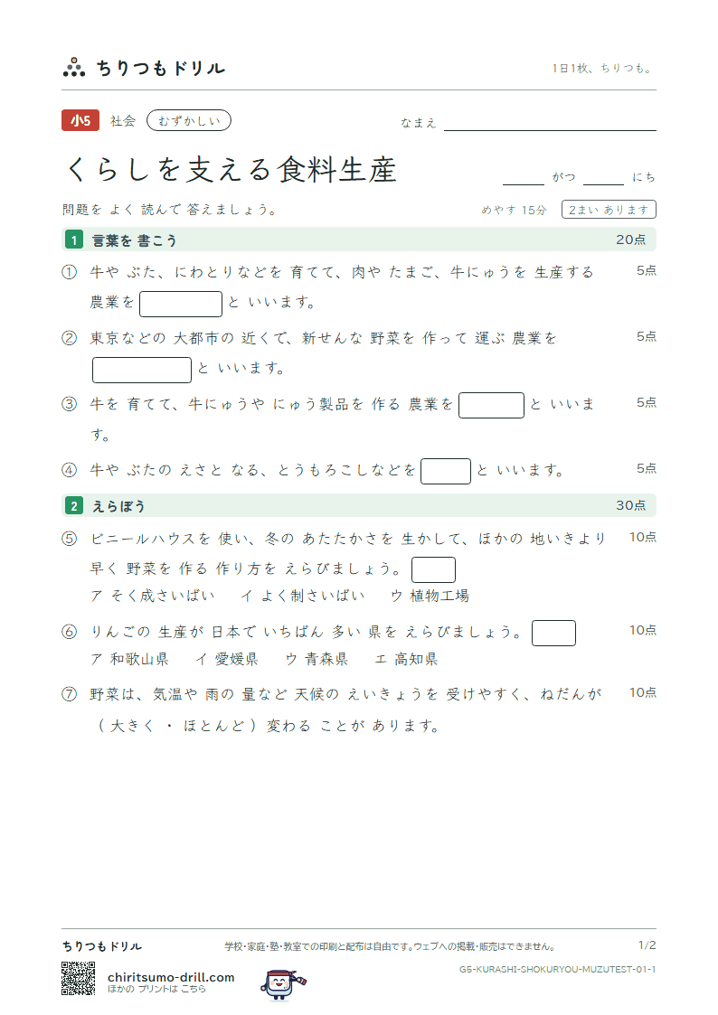 くらしを支える食料生産 むずかしい テスト その1の見本