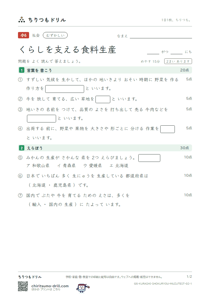 くらしを支える食料生産 むずかしい テスト その2の見本