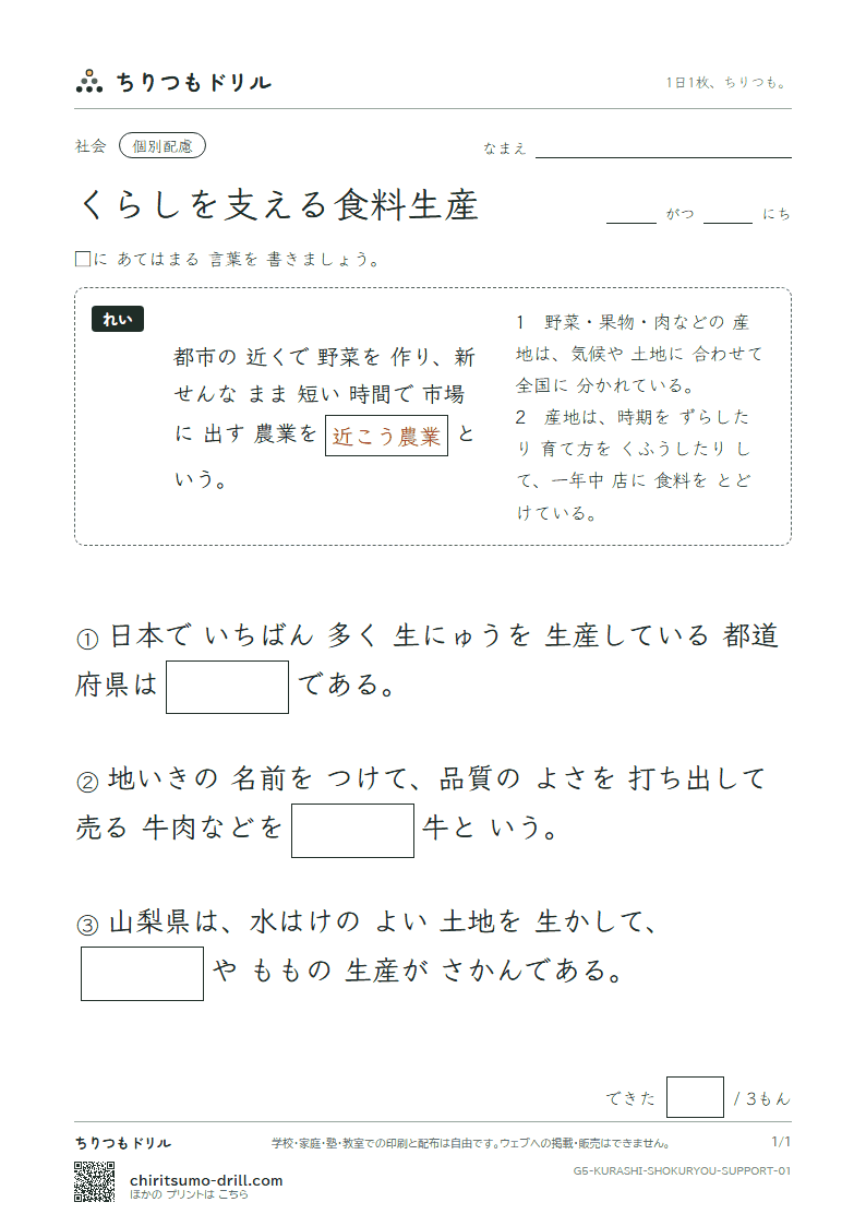くらしを支える食料生産 大きな枠つき その1の見本