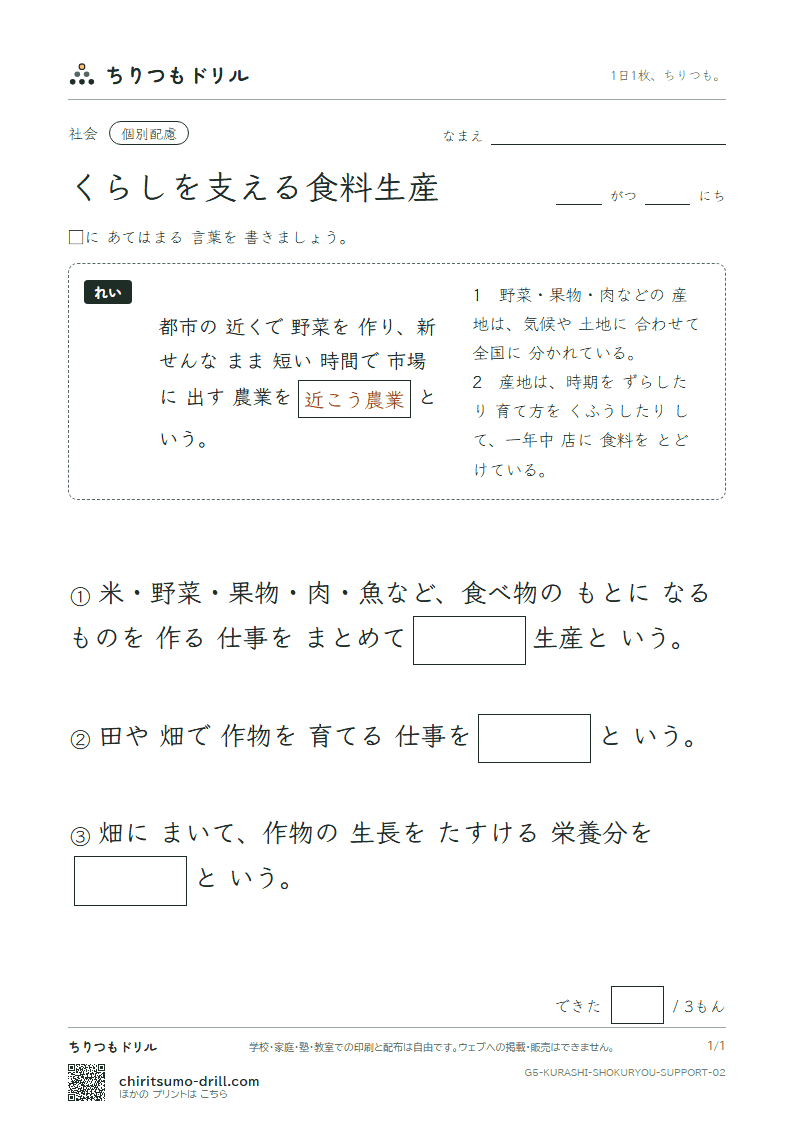 くらしを支える食料生産 大きな枠つき その2の見本