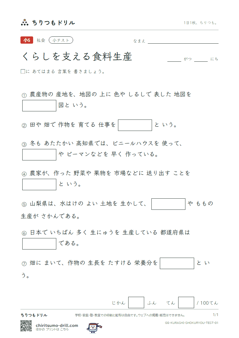 くらしを支える食料生産 小テスト その1の見本