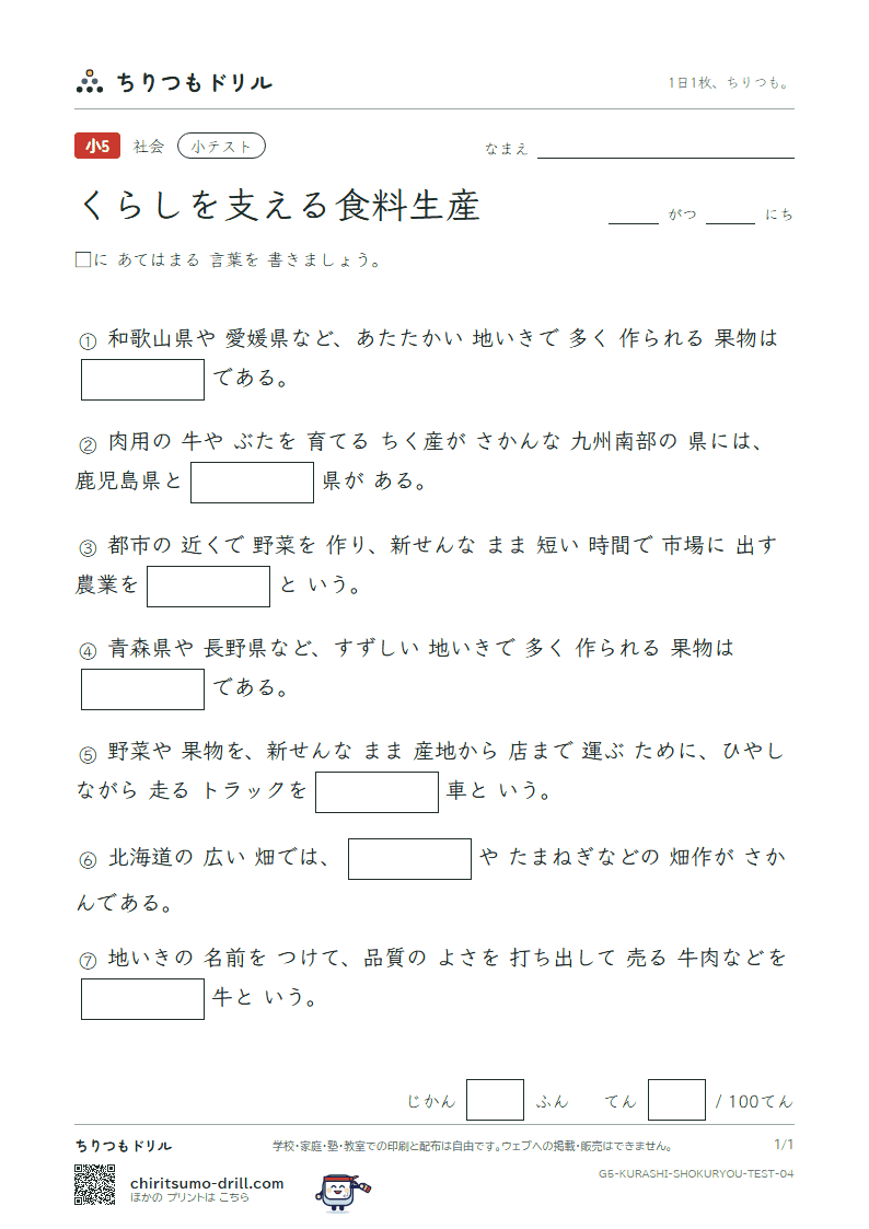 くらしを支える食料生産 小テスト その4の見本