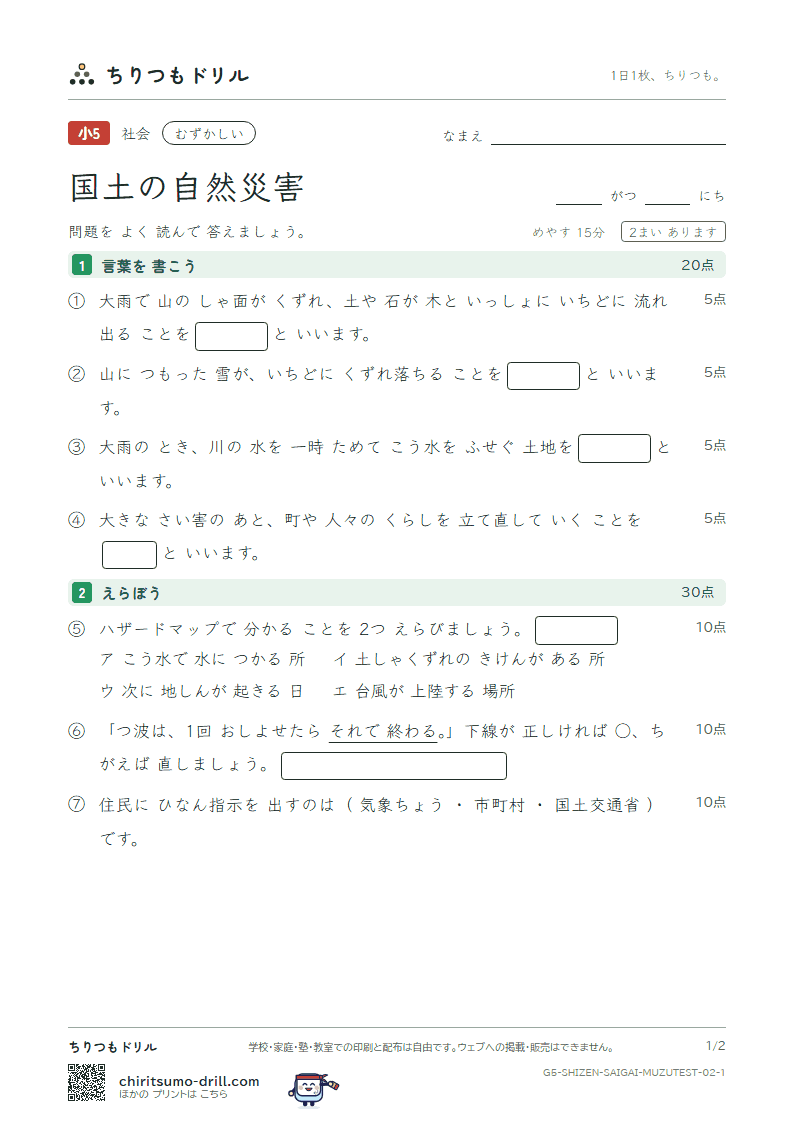 国土の自然災害 むずかしい テスト その2の見本