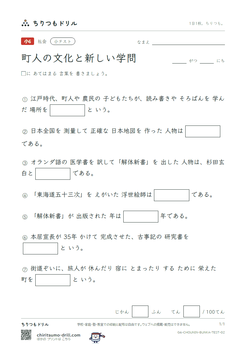 町人の文化と新しい学問 小テスト その2の見本