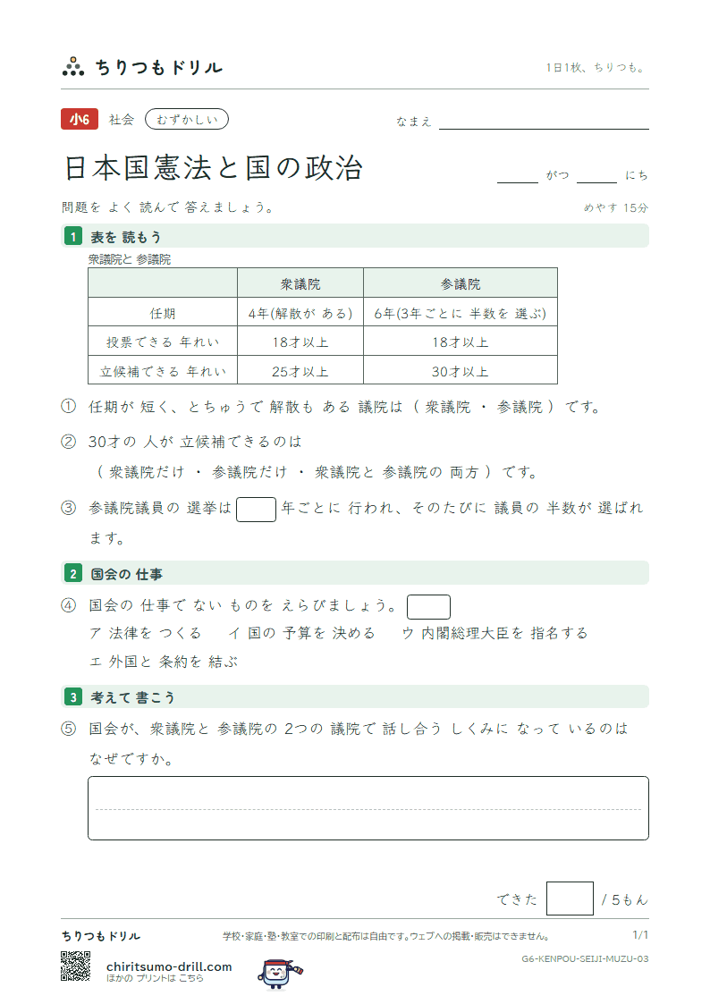 日本国憲法と国の政治 むずかしい その3の見本
