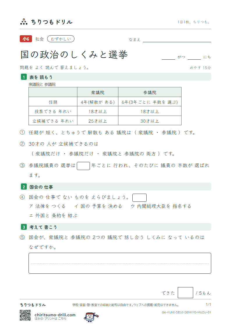 国の政治のしくみと選挙 むずかしい その1の見本