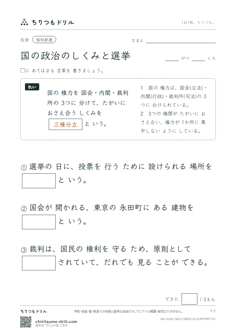 国の政治のしくみと選挙 大きな枠つき その1の見本