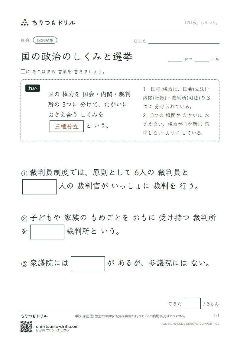 国の政治のしくみと選挙 大きな枠つき その2の見本