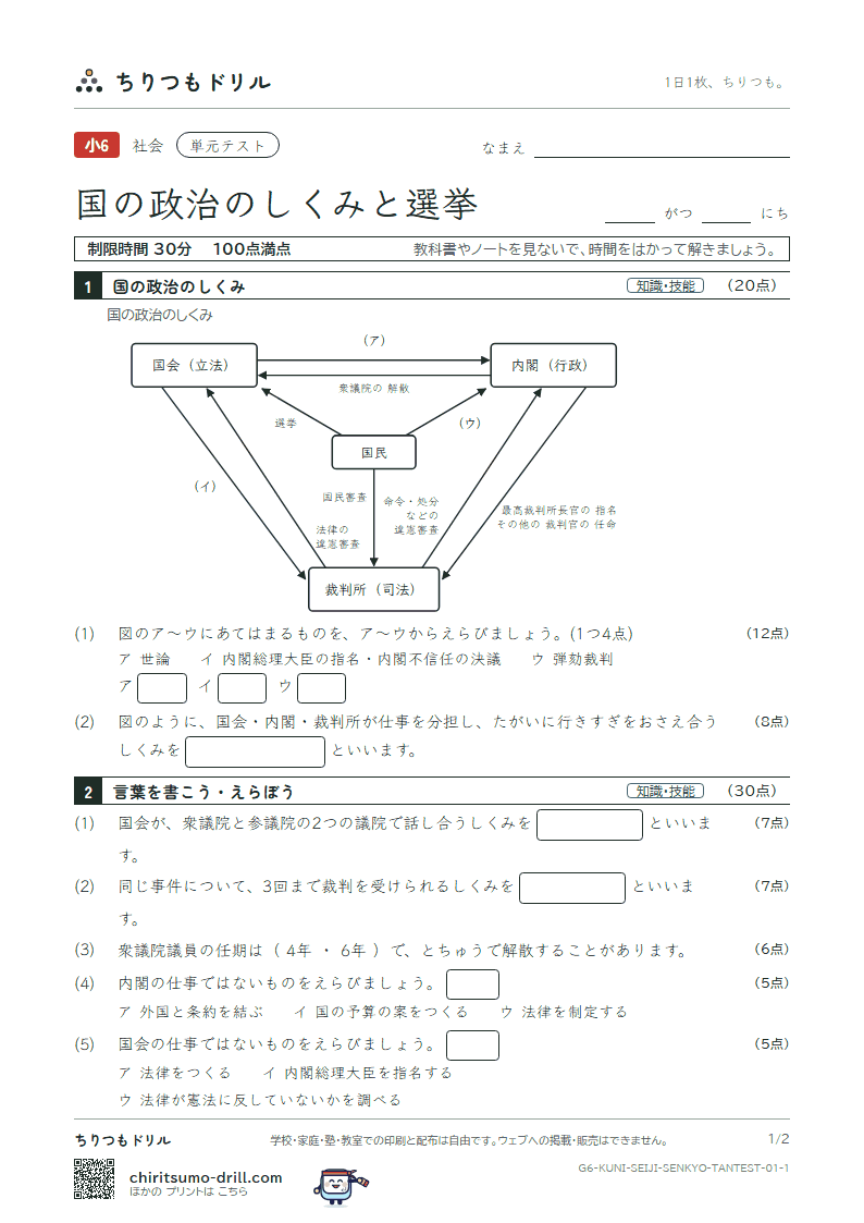 国の政治のしくみと選挙 単元テスト その1の見本