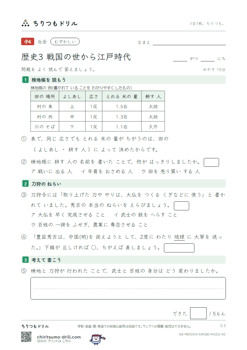 歴史3 戦国の世から江戸時代 むずかしい その2の見本