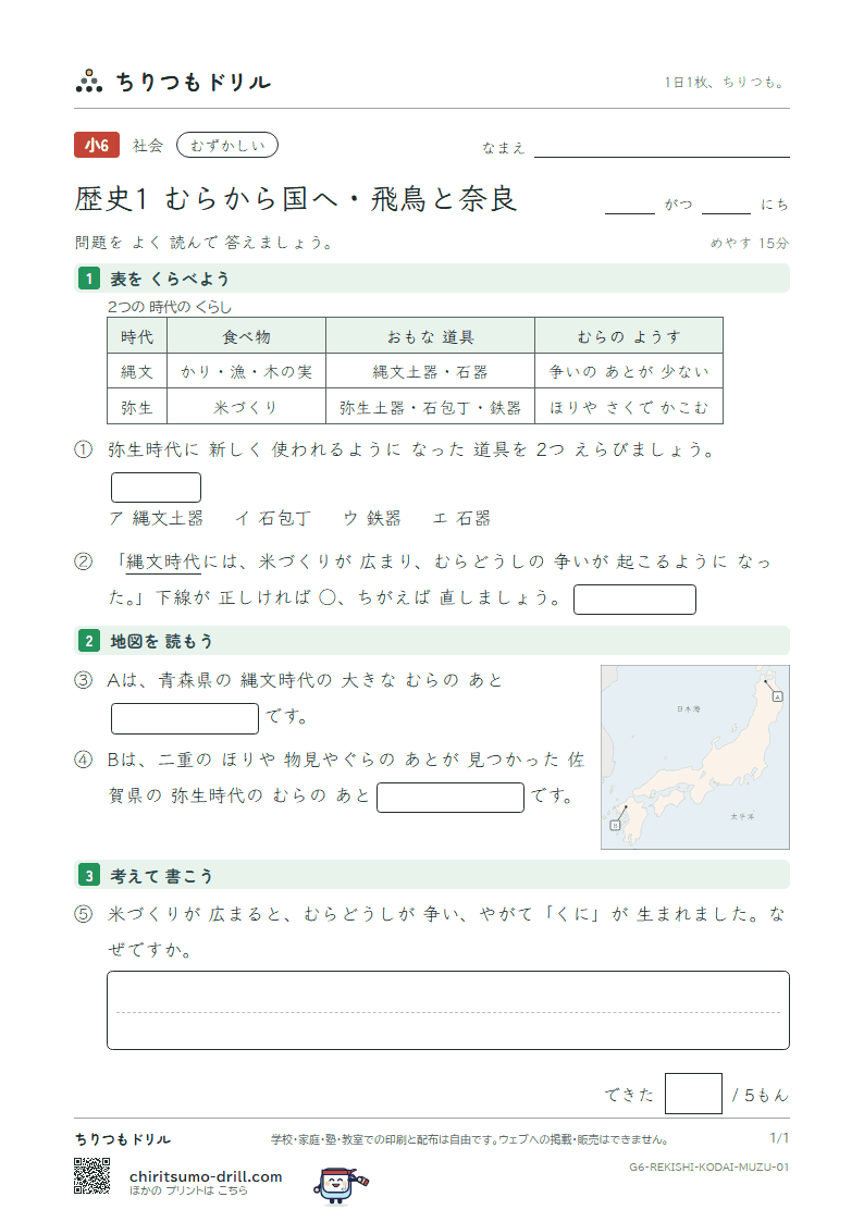 歴史1 むらから国へ・飛鳥と奈良 むずかしい その1の見本