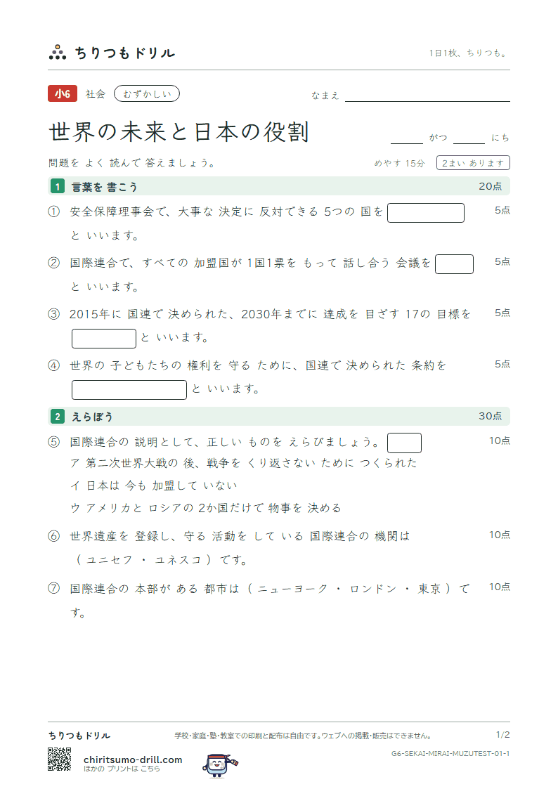 世界の未来と日本の役割 むずかしい テスト その1の見本