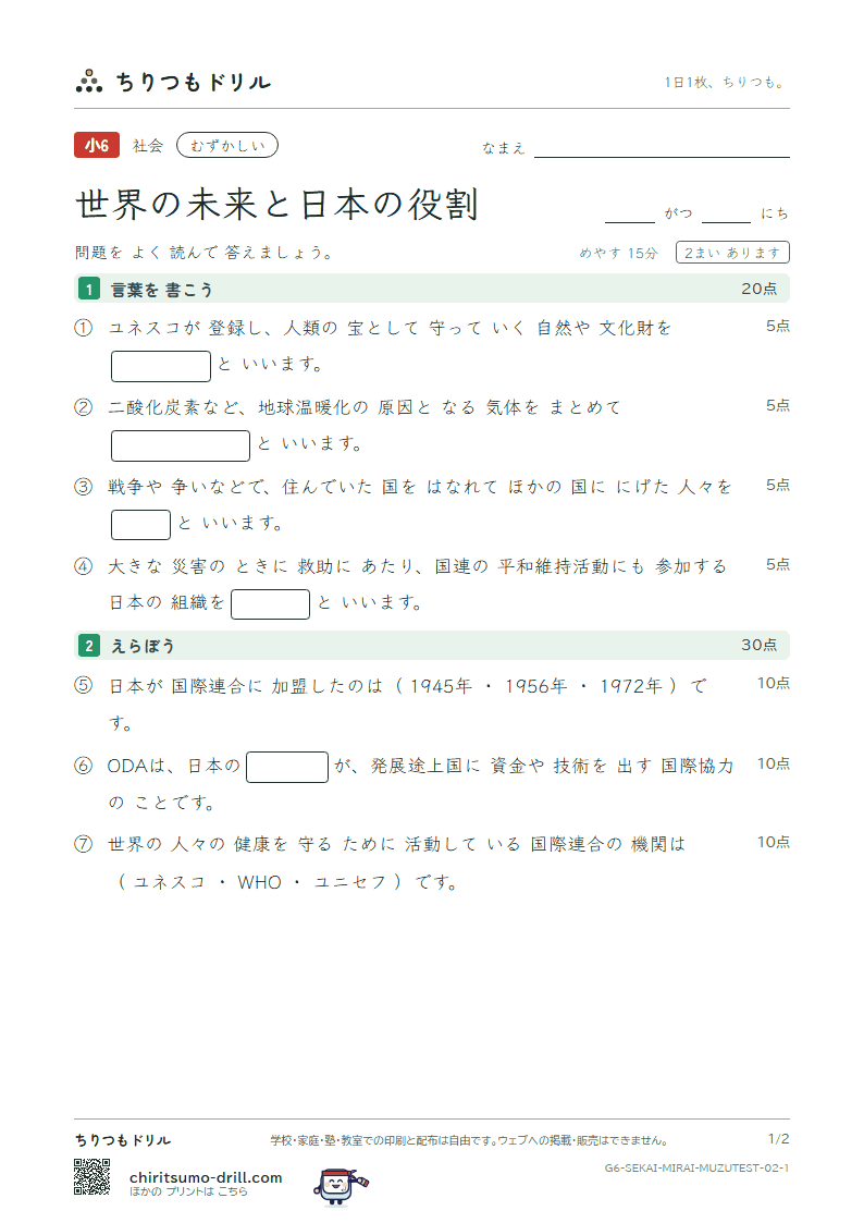 世界の未来と日本の役割 むずかしい テスト その2の見本