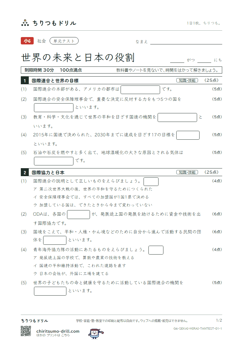 世界の未来と日本の役割 単元テスト その1の見本