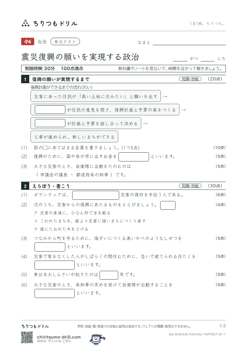 震災復興の願いを実現する政治 単元テスト その1の見本