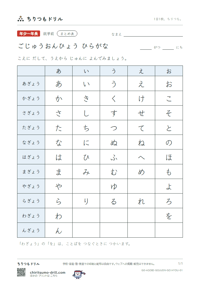 ごじゅうおんひょう(ひらがな)の見本