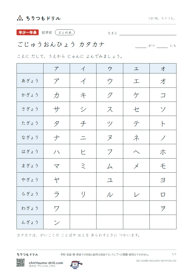 ごじゅうおんひょう(カタカナ)の見本